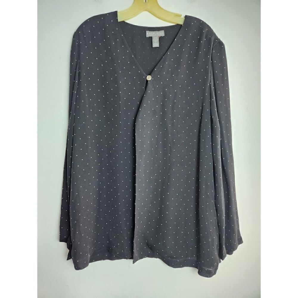 Kate Hill Lord & Taylor Black w/White Swiss Dot 100% Silk Open Blouse size Large